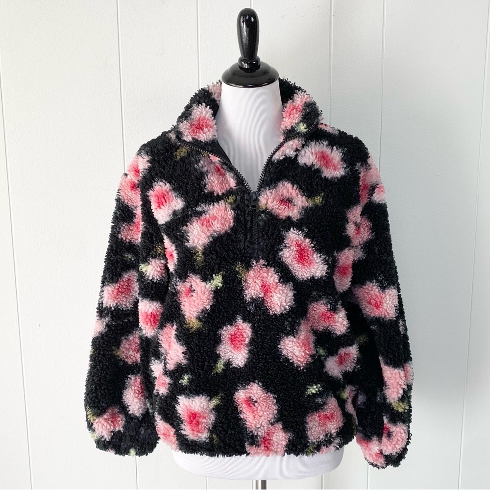 Women's Sandy Liang for Target Black Pink Floral Faux Fur 1/4 Zip Pullover Sz XS